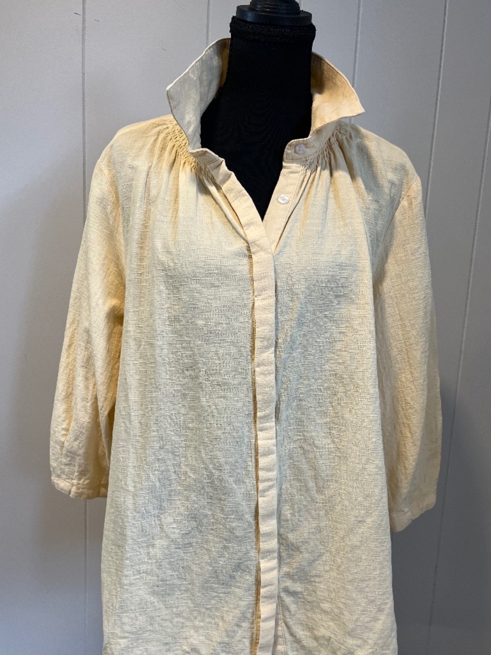 Artsy Texture sz L 3/4 Sleeve Cotton Button Up Blouse Cottagecore Beach Coastal